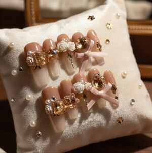 Elegant Nude and Gold Embellished False Coffin Nails